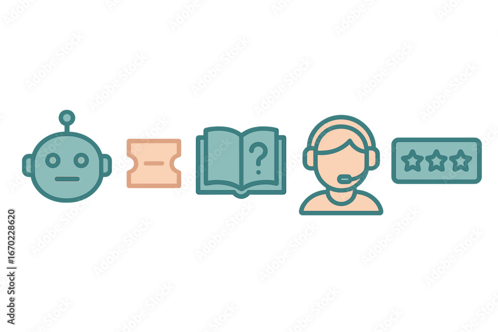 Poster vector outline icon set depicting various customer service elements in a modern design featuring a c