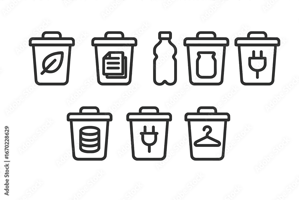 Poster vector outline icon set depicting various types of waste disposal bins for sorting trash, recycling 