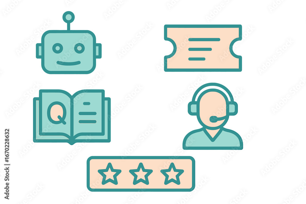 Poster vector outline icon set representing customer support, faq, ticketing, and feedback systems for onli