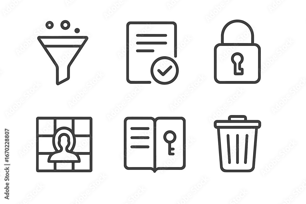 Poster vector outline icon set featuring various symbols representing filtering, documentation, security, a