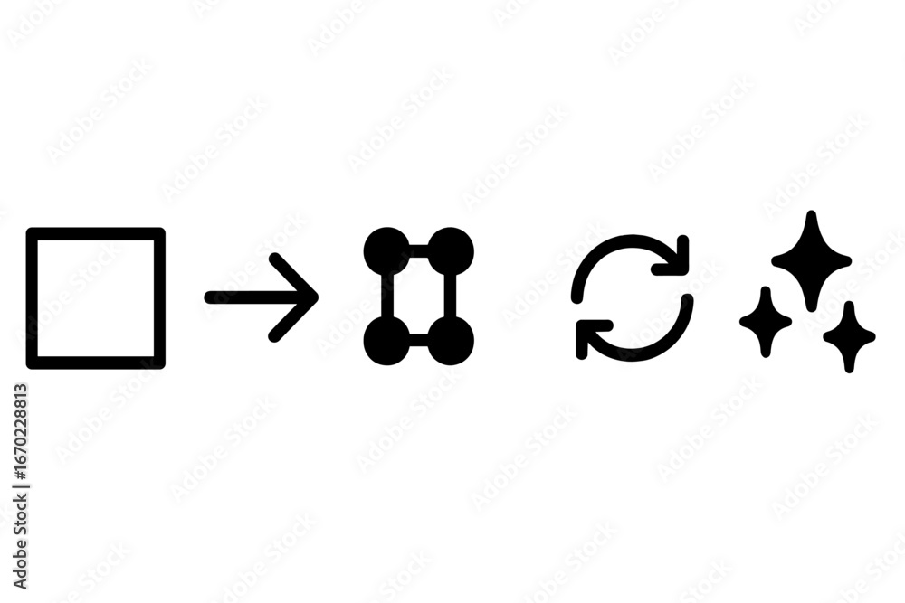 Poster vector outline icon set featuring transformation, connectivity, refresh, and enhancement symbols for
