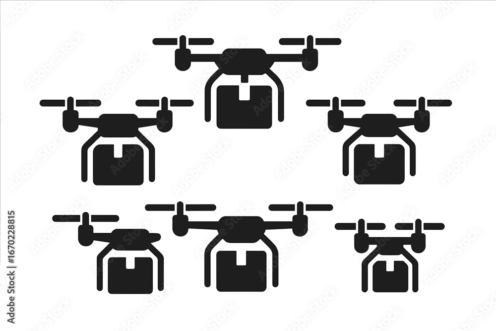 Poster vector outline icon set featuring drones with cargo for delivery service concepts and applications