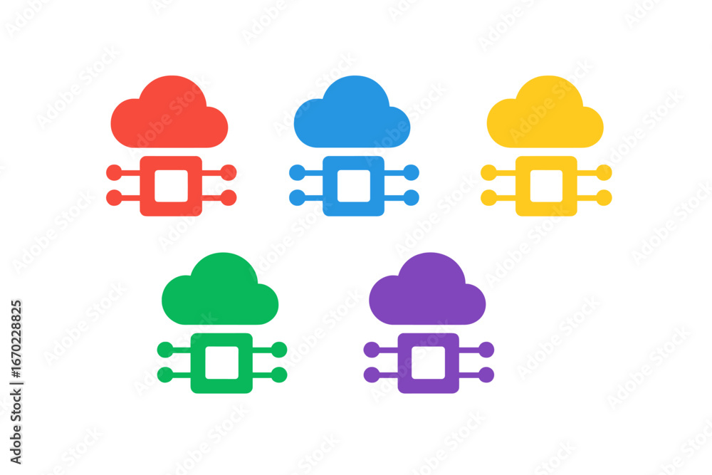 Poster vector outline icons representing cloud computing with colorful designs for digital applications and
