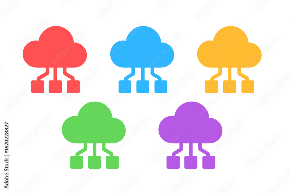 Poster vector outline icon set showcasing cloud computing symbols with colorful designs representing data s