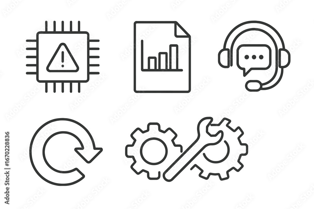 Poster vector outline icon set featuring technology elements and support symbols for digital communication 