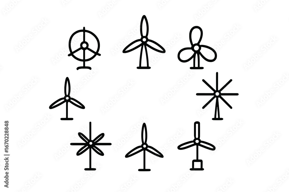 Poster collection of vector outline icons representing various wind turbine designs in a circular arrangeme