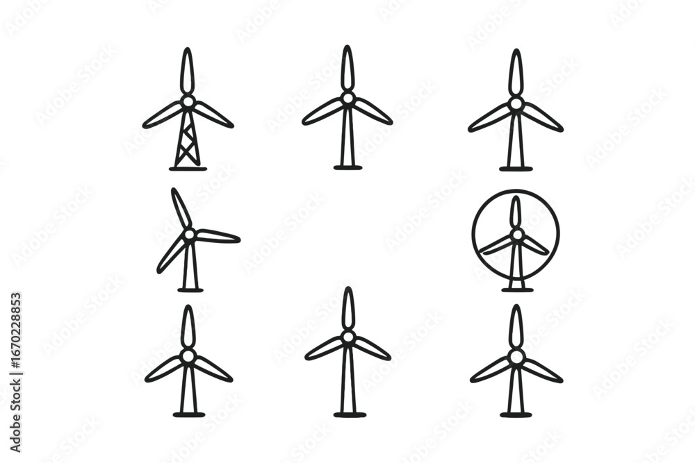 Poster icon set featuring vector outlines of various wind turbines in different designs and arrangements fo
