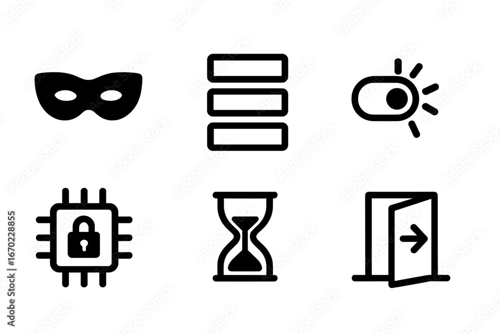 Poster vector outline icons representing security, notifications, time, and access in various applications