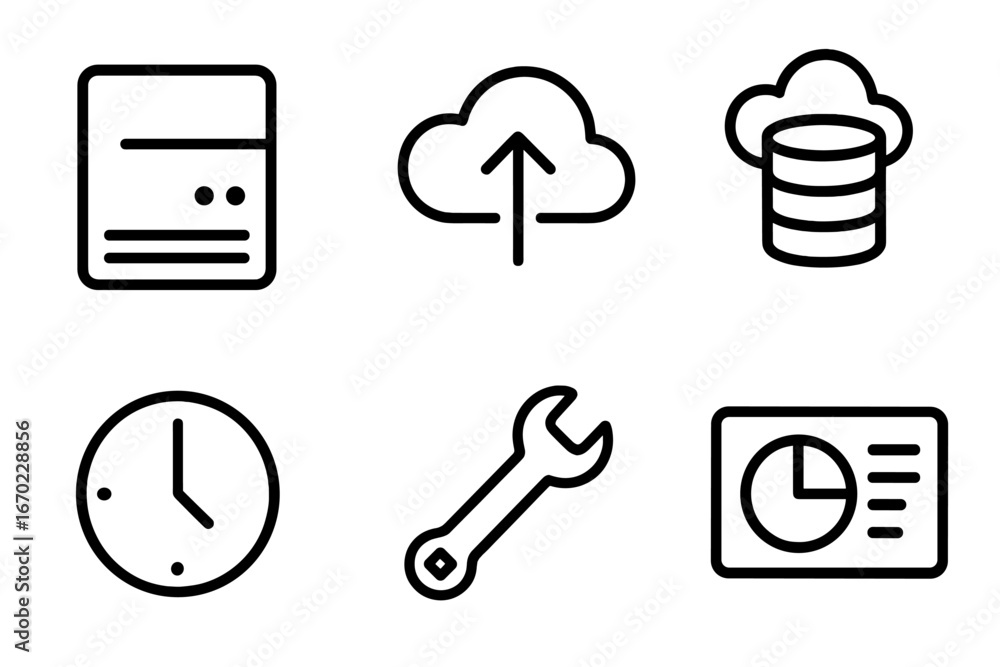 Poster vector outline icon set featuring tools, cloud storage, time management, and data visualization elem