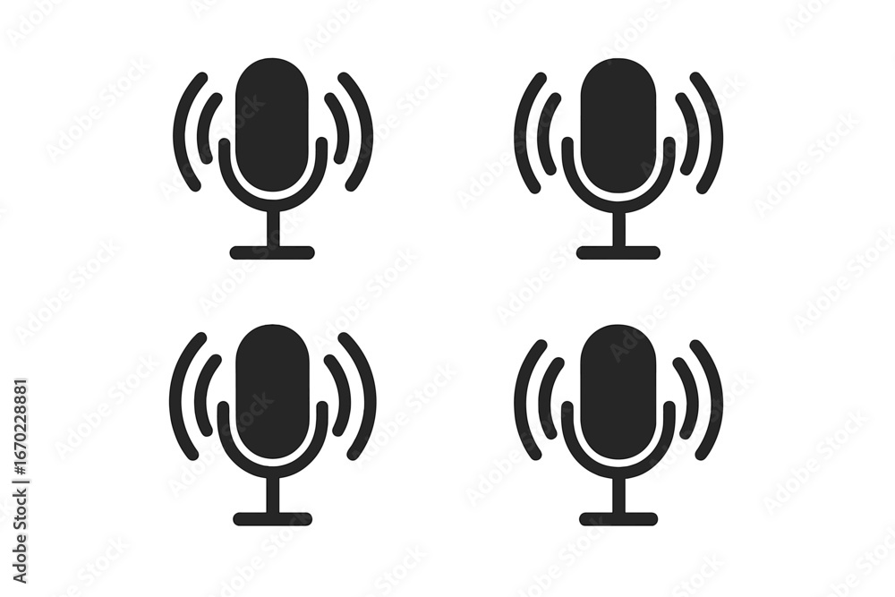 Poster vector outline icon set featuring microphones with sound waves suitable for audio-related design pro