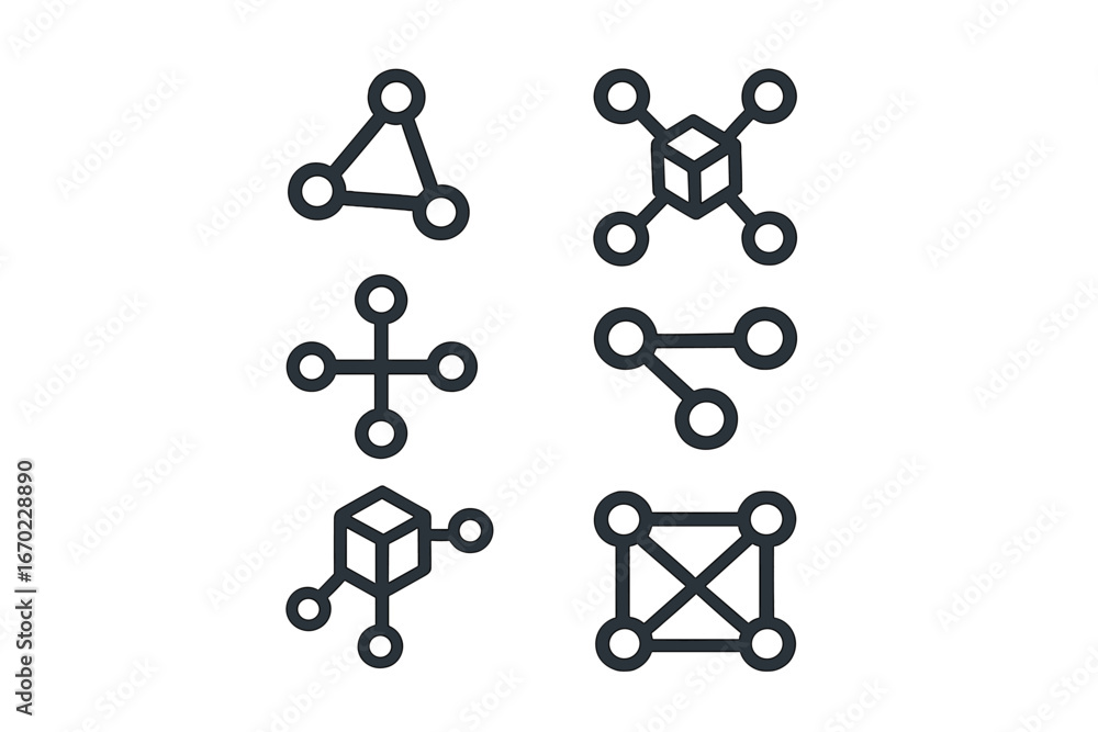 Poster vector outline icon set depicting geometric shapes and network connections for design and illustrati