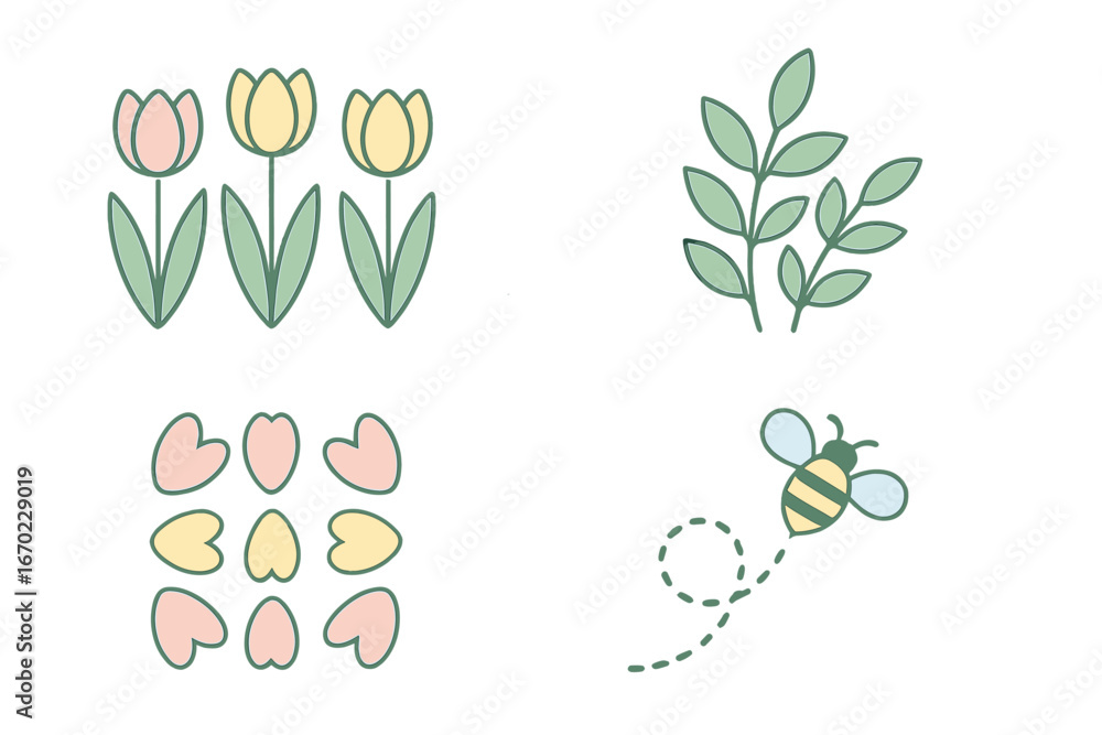 Poster floral and bee vector outline icon set featuring spring elements for design projects and creative ap