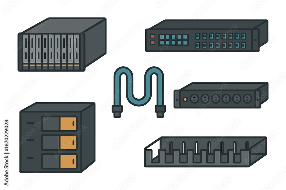 Poster vector outline icon set featuring server components, data storage, and connectivity elements for tec
