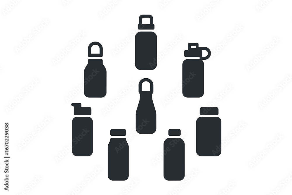 Poster vector outline icon set featuring various water bottles in diverse shapes and sizes for design use