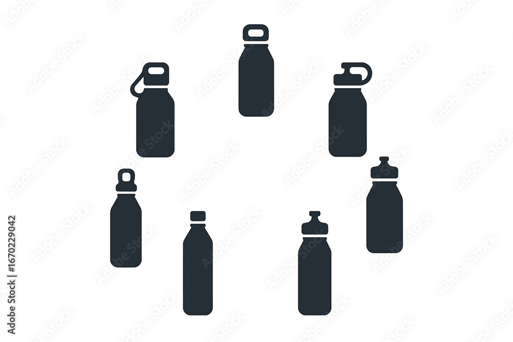 Poster collection of vector outline icons representing various styles of water bottles in a circular arrang