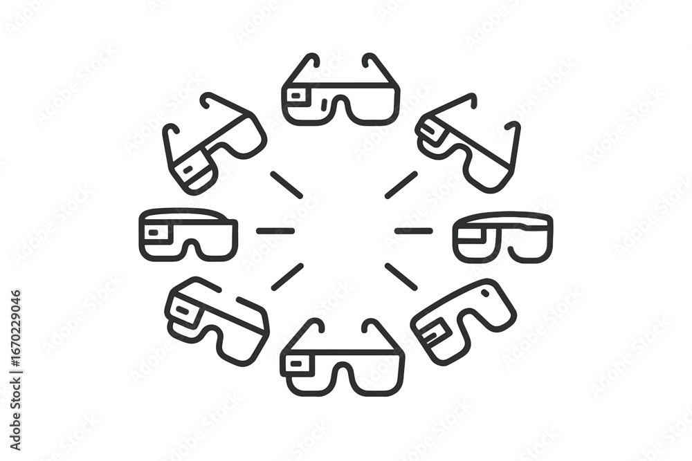 Poster vector outline icon set featuring various designs of eyeglasses arranged in a circular pattern for c