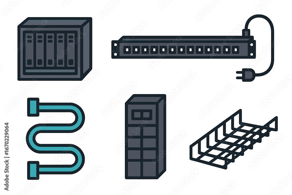 Poster vector outline icon set featuring various electrical and storage components for efficient organizati