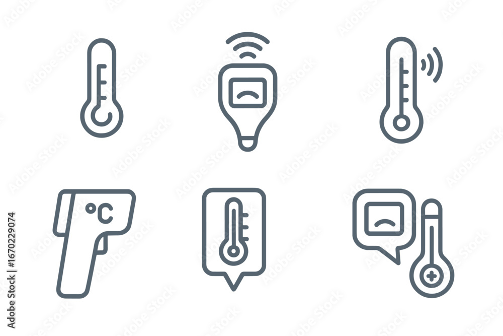 Poster outline icon set featuring various temperature measurement tools and devices for health and safety a