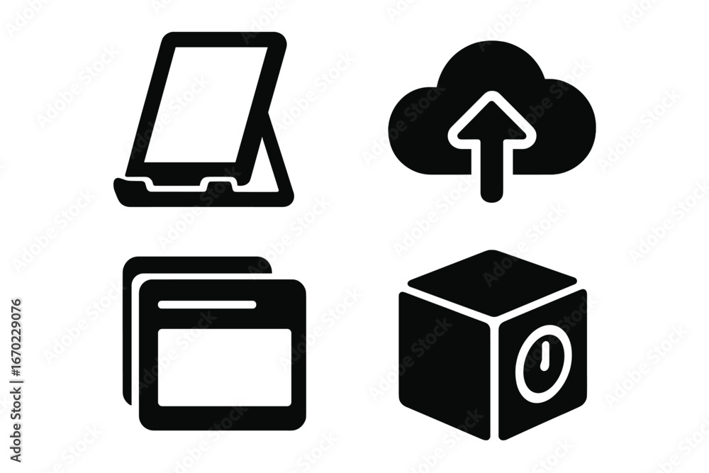 Poster vector outline icon set featuring digital devices, upload symbol, file categories, and a clock cube 