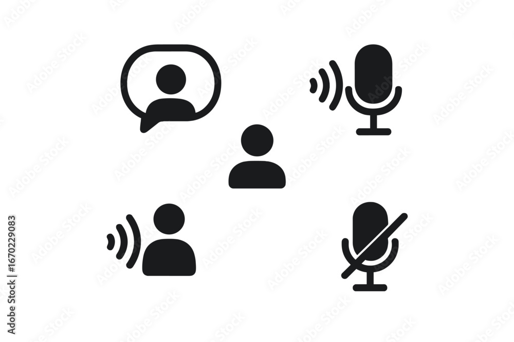 Poster vector outline icon set showcasing communication elements with speech bubbles and microphone outline