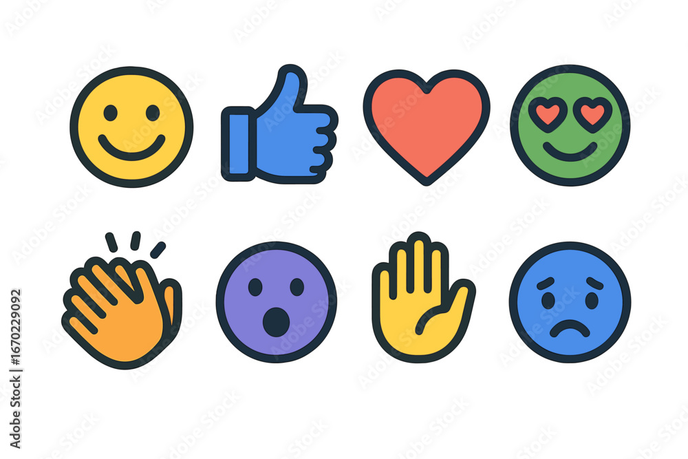 Poster Vector outline icon set featuring expressions of emotions and reactions in bright colors and simple designs suitable for various applications