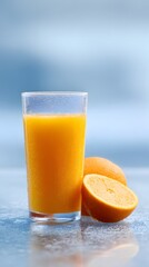 Quenching orange juice in frosted glass with citrus beside, clean surface and room for message