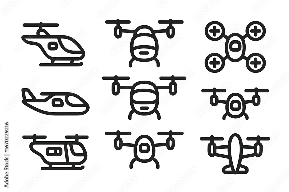 Poster vector outline icon set featuring helicopters and drones displayed in a grid format