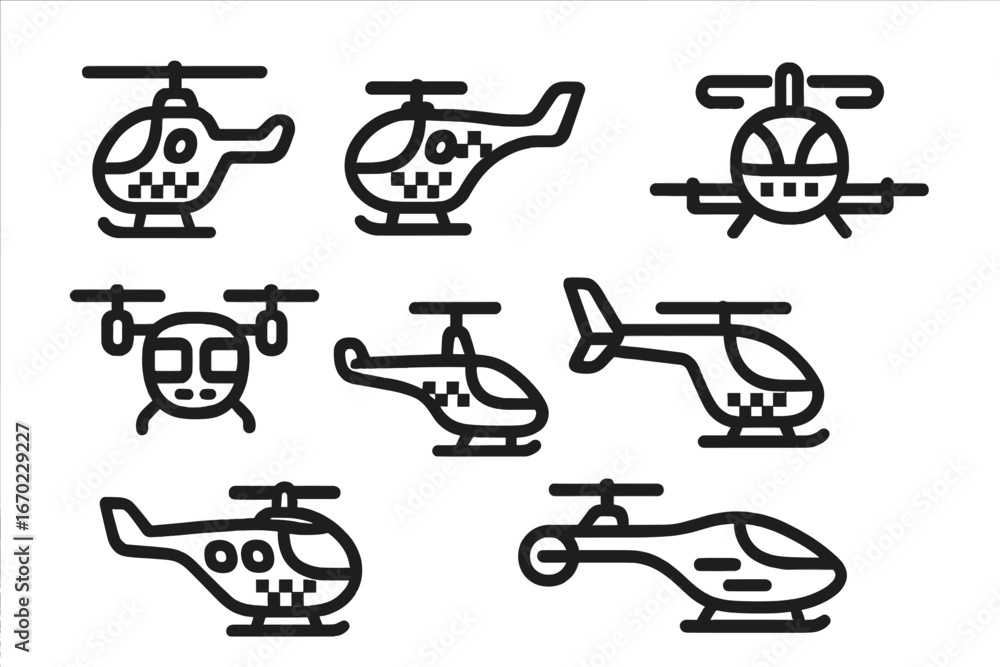 Poster vector outline icon set featuring various helicopter designs for diverse applications and creative p