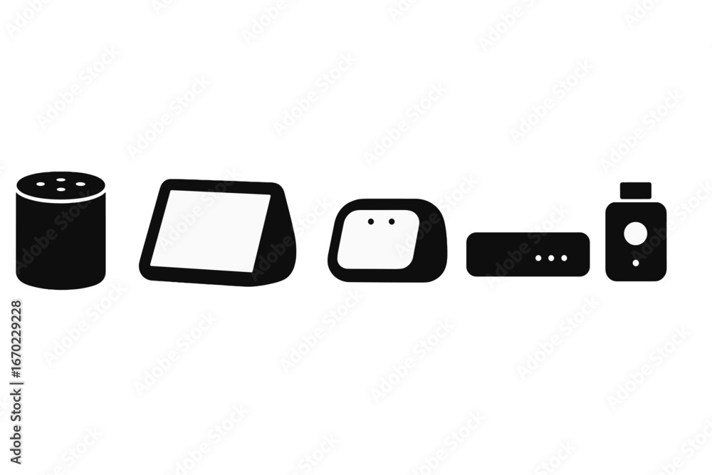Poster vector outline icon set featuring various modern electronic devices for digital interaction and smar