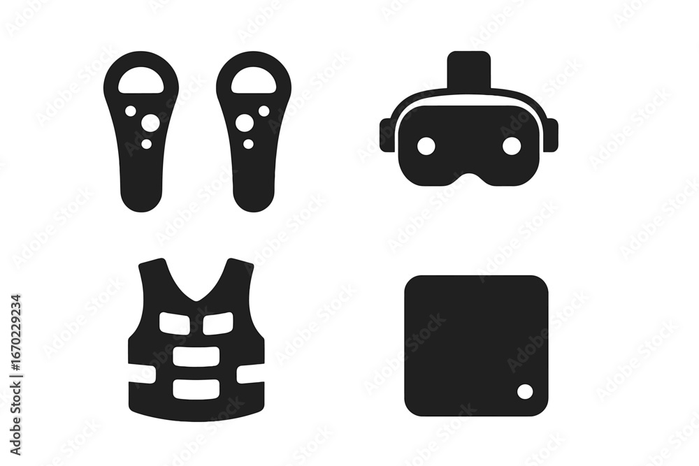 Poster vector outline icon set features virtual reality controllers, headset, protective vest, and square s