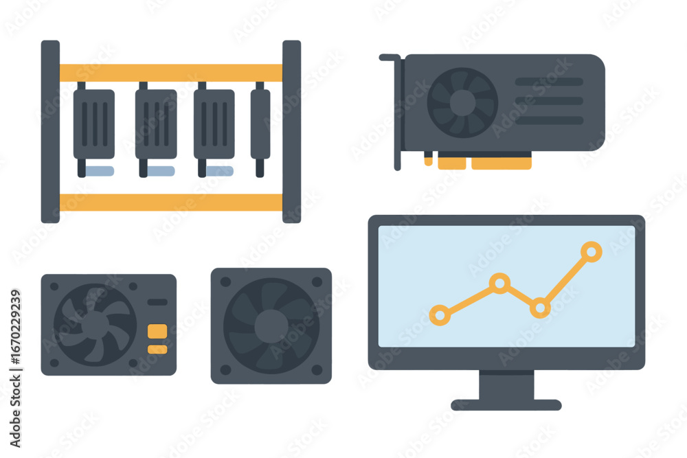 Poster vector outline icon set featuring computer hardware components and performance graphics for digital 