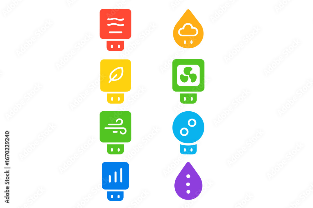 Poster vector outline icon set depicting various environmental elements in vibrant colors suitable for grap