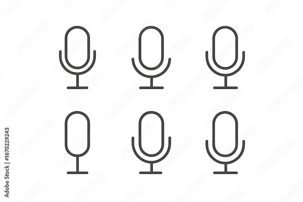 Poster vector outline icon set featuring six different microphone designs suitable for various applications