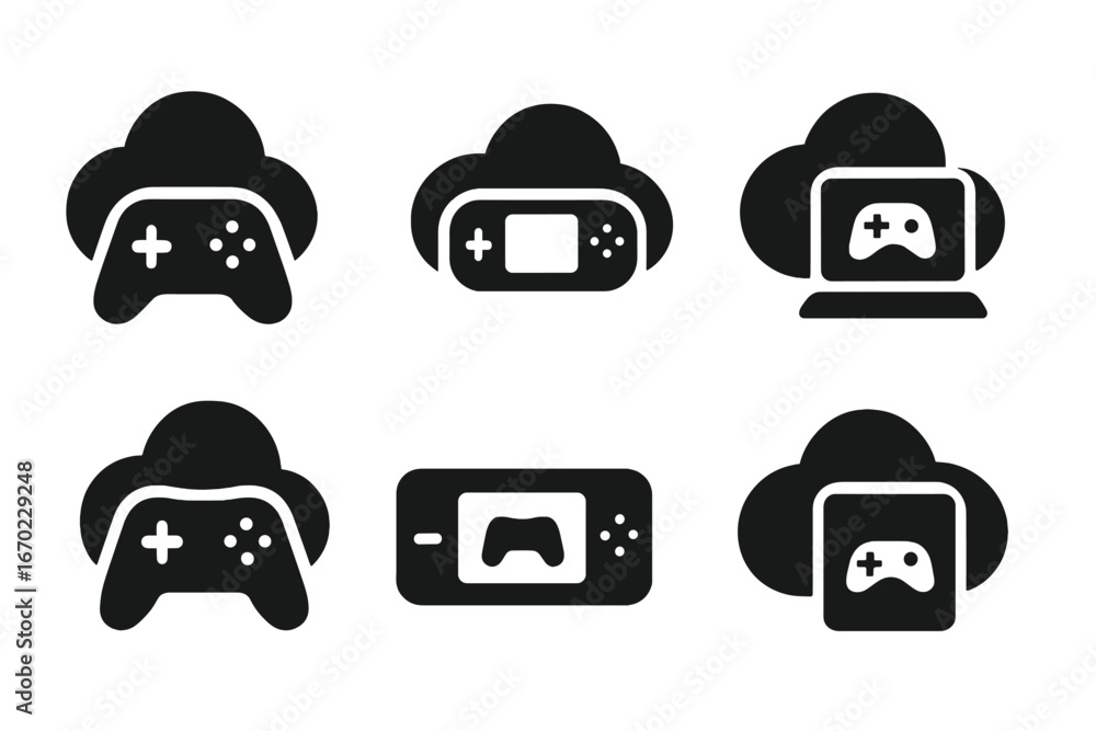 Poster vector outline icon set featuring gaming controllers and devices in a cloud design