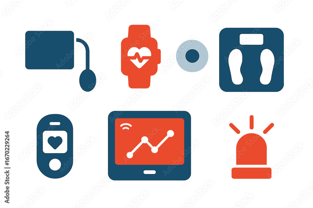 Poster vector outline icon set featuring health monitoring devices and applications for better wellness tra