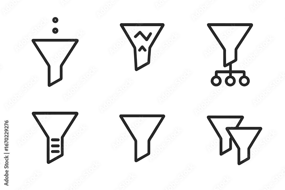 Poster vector outline icon set featuring different types of funnels for various applications in design and 