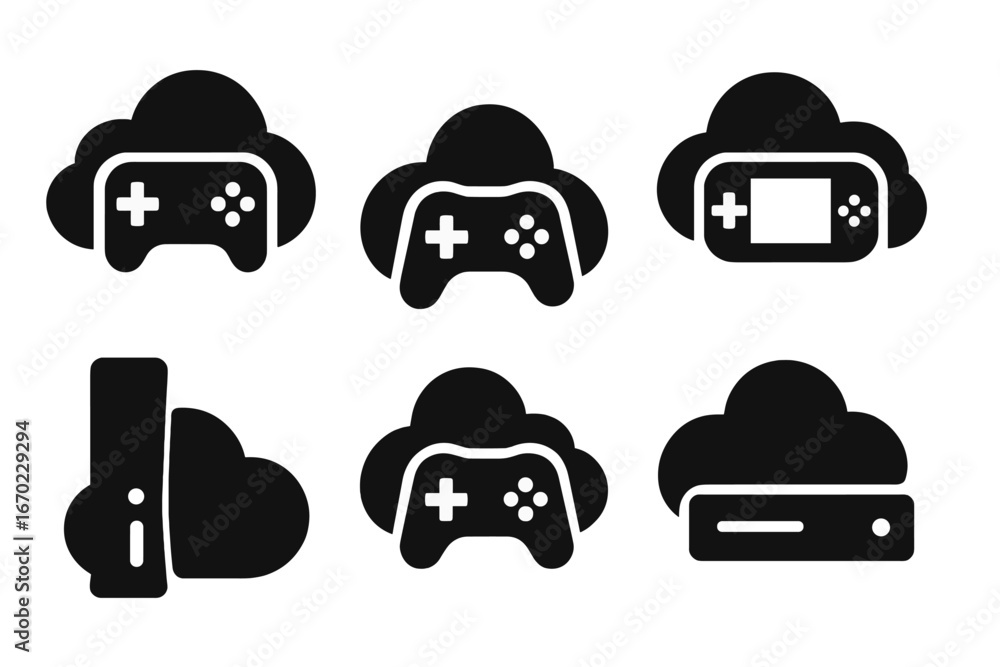 Poster vector outline icon set featuring gaming controllers, handheld devices, and cloud elements for digit
