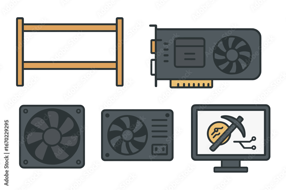 Poster vector outline icon set featuring computer hardware elements, including graphics cards and cooling f
