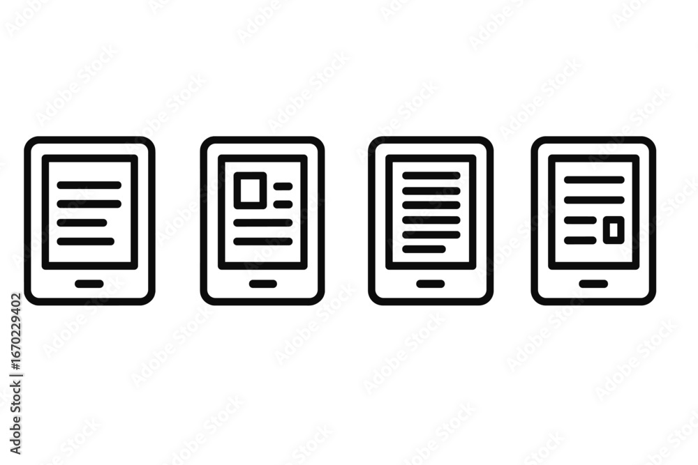 Aufkleber vector outline icon set featuring four distinct e-reader designs for digital reading devices and app