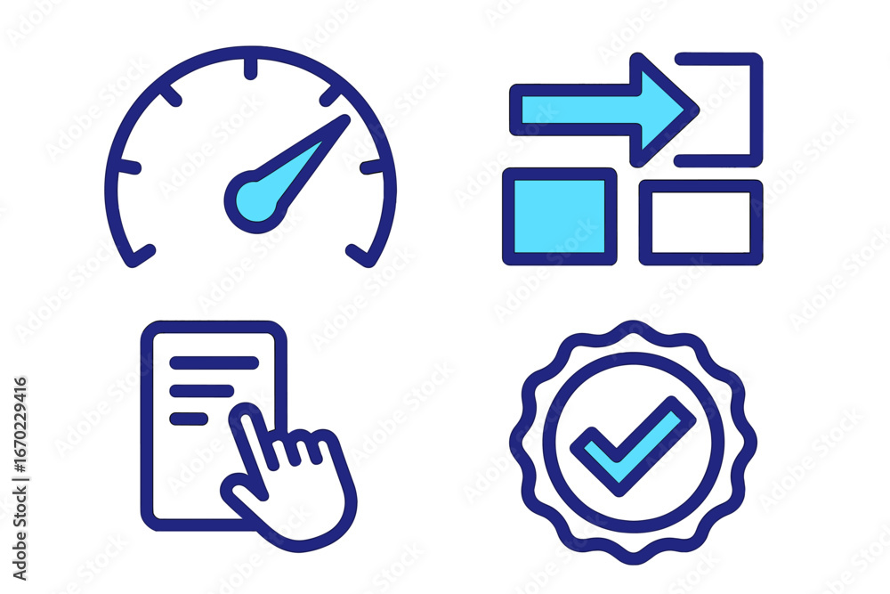 Poster vector outline icon set featuring speedometer, directional arrow, checklist, and verified badge for 
