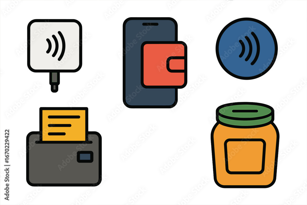 Poster vector outline icon set featuring wireless charging, mobile wallet, and other tech elements for mode