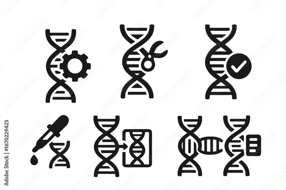 Poster vector outline icon set featuring various dna symbols for science and biotechnology projects