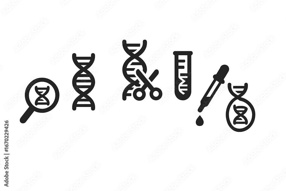 Poster collection of vector outline icons representing dna research tools and processes used in scientific 