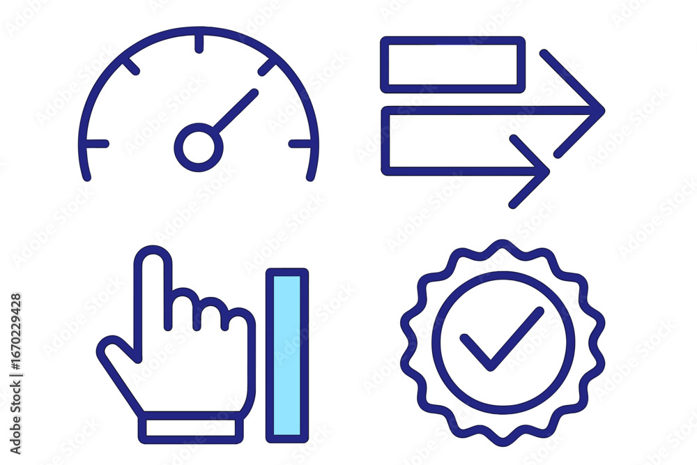 Poster vector outline icon set showcasing speedometer, arrows, pointing hand, and checkmark symbols in a mo