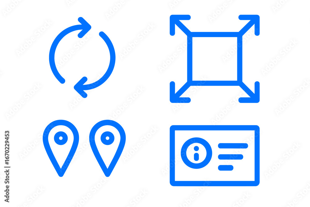 Poster vector outline icon set featuring navigation, information, resizing, and refresh symbols for web and