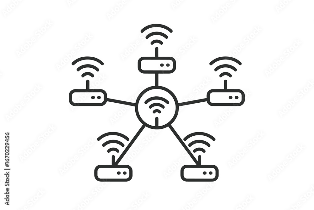 Poster vector outline icon set illustrating network connection with wireless signals and multiple devices