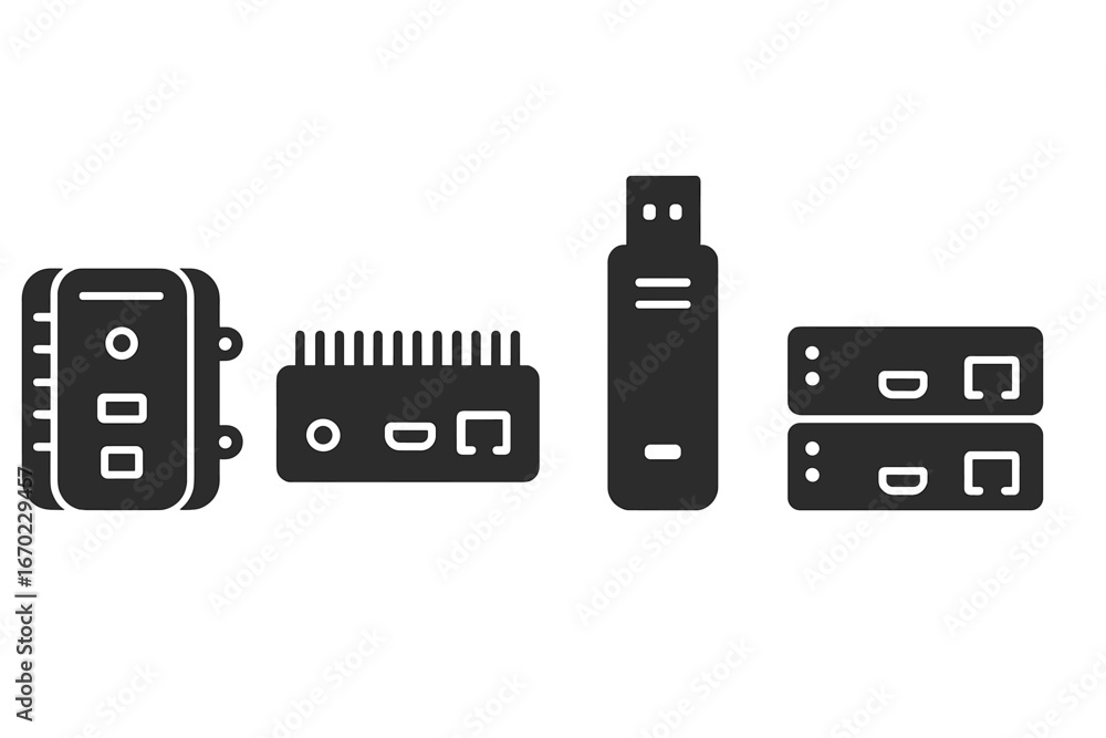 Poster vector outline icon set featuring various electronic devices for digital connectivity and storage so