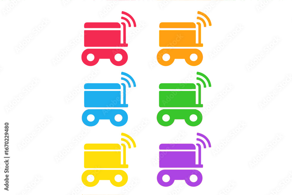 Poster colorful vector outline icon set of delivery robots with distinct wireless signal designs showcasing