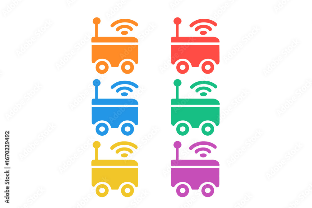 Poster colorful vector outline icons of delivery robots with wireless signals