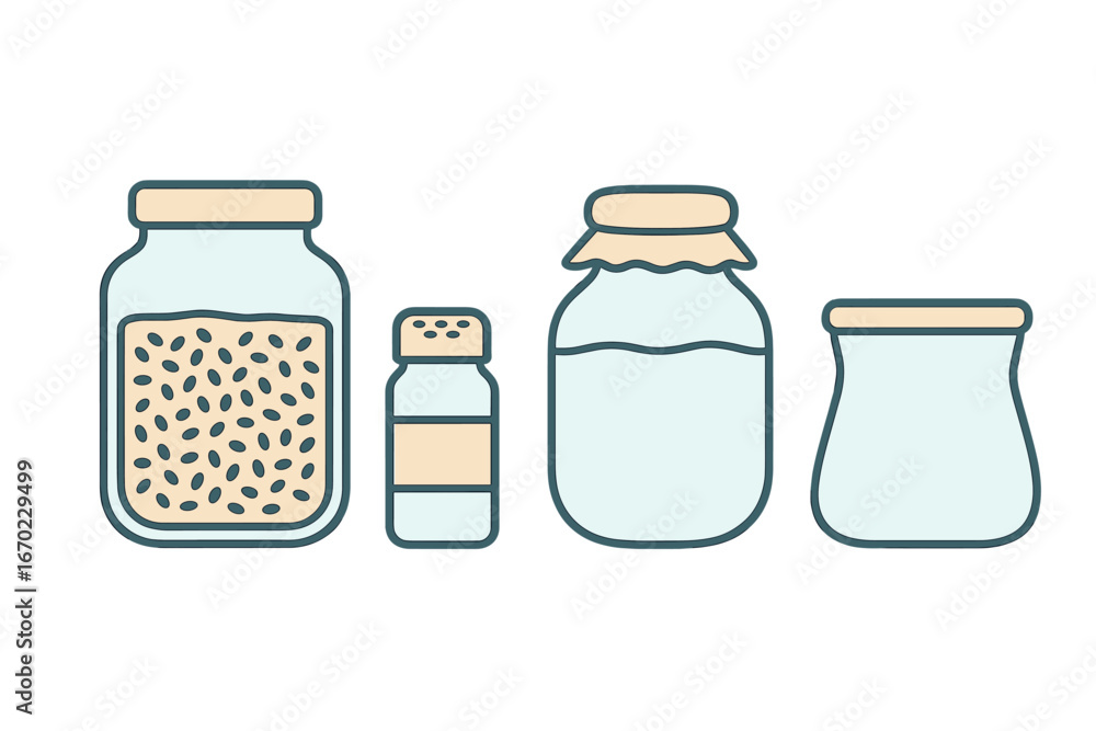Poster vector outline icon set representing jars and containers for various food items and ingredients in a